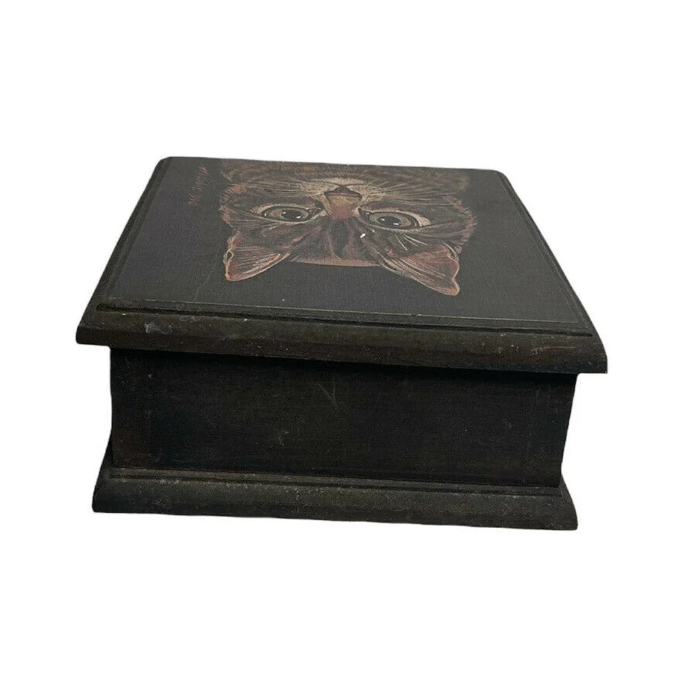 Vintage 1990 Hand Painted Artisan Black Wooden Cat Trinket Storage Box 7